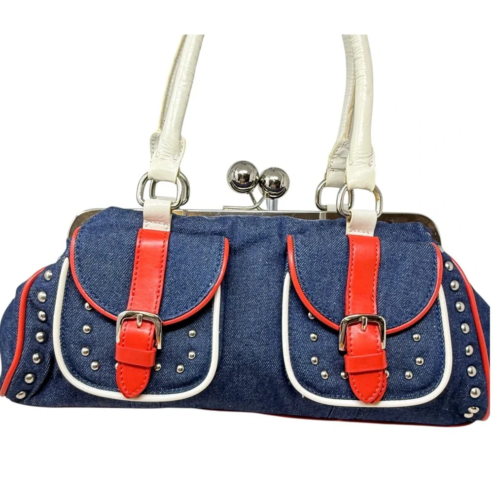 Euro Wellness Women's Purse Y2K Denim Red White Blue Studded Kiss‎ Lock